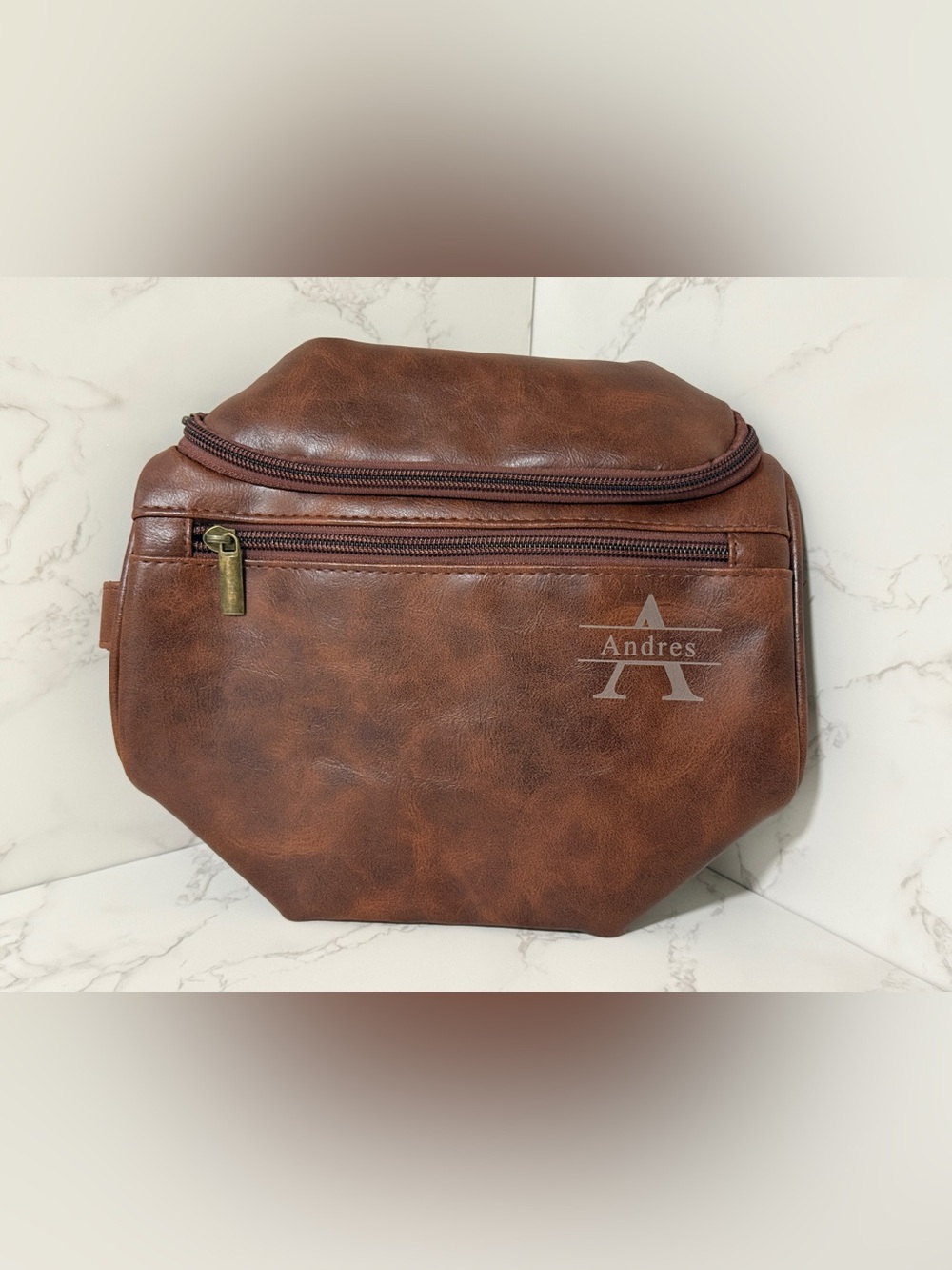 Toiletry Bag - Brown Faux Leather - Andres Monogram